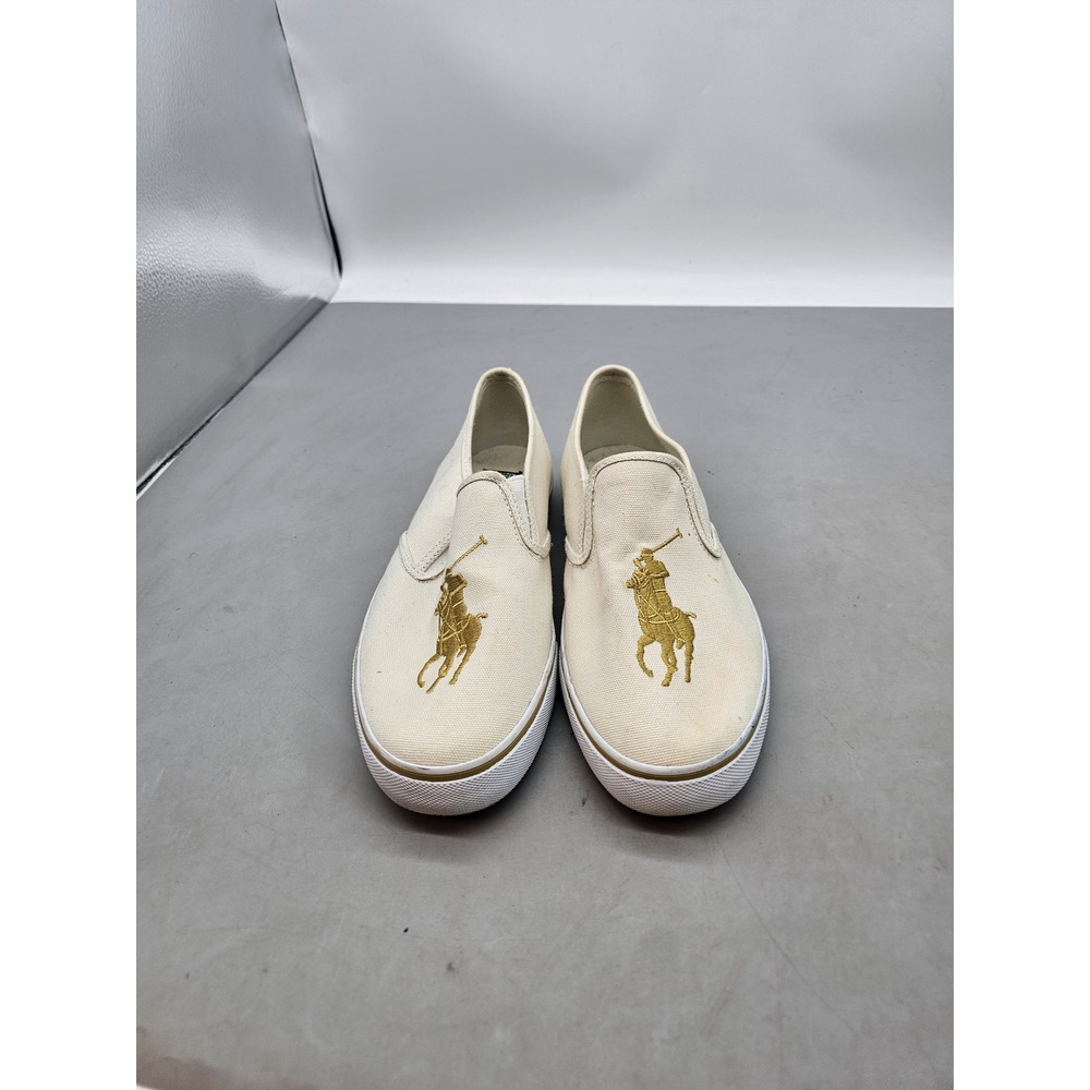 Polo Ralph Lauren Mens Cream Canvas Gold Big Pony Slip On Sneakers Shoes H37